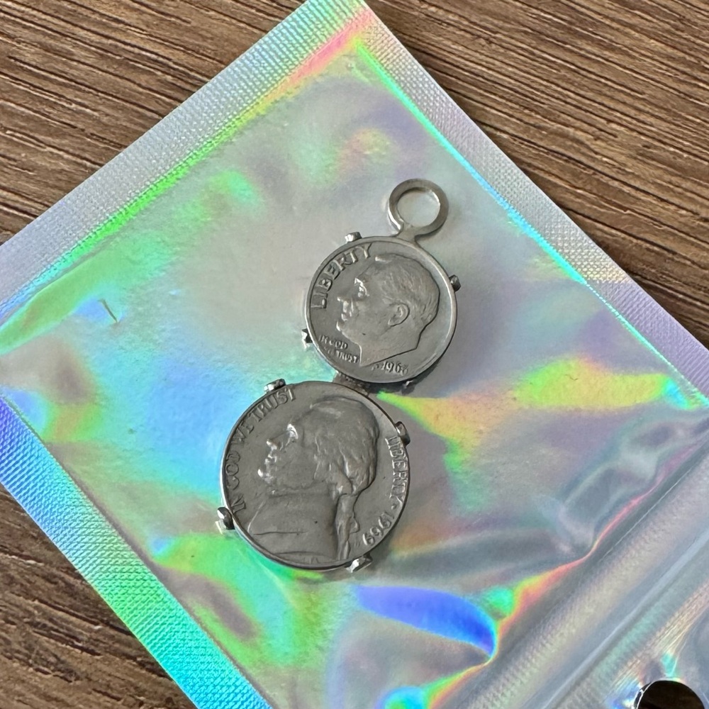 VINTAGE Coin Pendant, Dime & Nickel Set in Silver Tone Metal